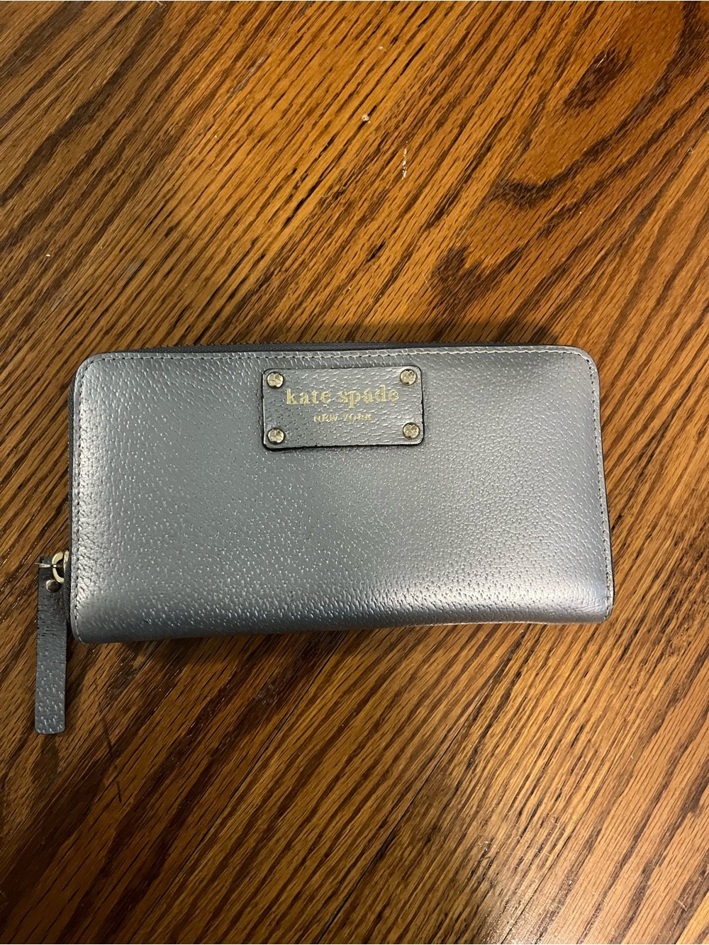 kate spade Metallic Silver Pebbled Leather Zip Wallet